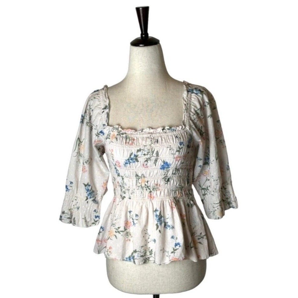 Saylor Shirt Women Medium Pink Cotton Floral Smocked Peplum Clover Blouse Boho